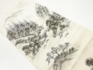 ふくれ織手描き山・木々・風景模様袋帯